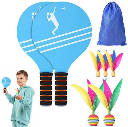 Qpets Racket Game Set Kids Outdoor Feather Shuttlecock Wooden Badminton Kit