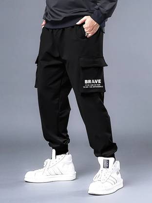 Jump Cuts Printed Men Black Track Pants