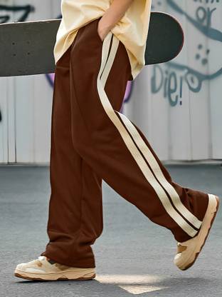 Jump Cuts Striped Men Brown Track Pants