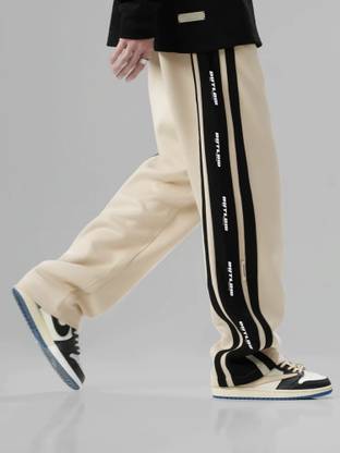 Jump Cuts Colorblock Men Beige, Black Track Pants