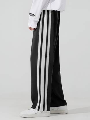 Jump Cuts Striped Men Black Track Pants