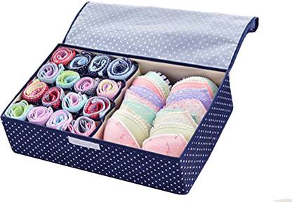 HOUSE OF QUIRK Innerwear Organizer 16+1 Compartment Non-Smell Non Woven Foldable Fabric Storage Box for Closet - Navy Blue(Polka)