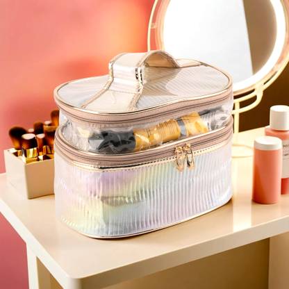 KUBER INDUSTRIES Rainbow Oval Design Dual Layer Makeup Bag with Visible Window|Golden