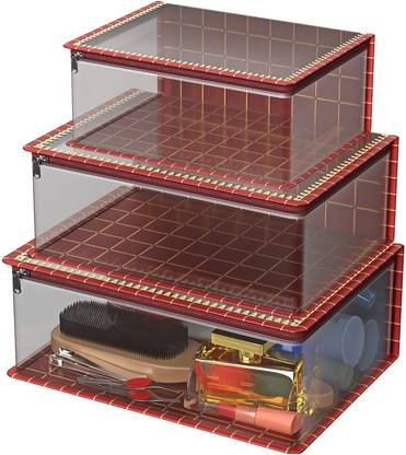 HOMESTIC Gota Check Transparent Adjustable Pouch Makeup Bag|Set of 3|Maroon