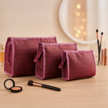 KUBER INDUSTRIES Set of 3 Rexine Makeup Kit with Sturdy Handle | Self Print - Maroon Travel Toiletry Kit
