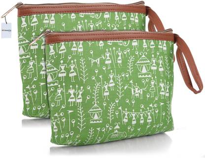 HOMESTIC Canvas Waterproof Warli Print Travel Toiletry Pouch with Handle|Pack of 2|Green Travel Toiletry Kit
