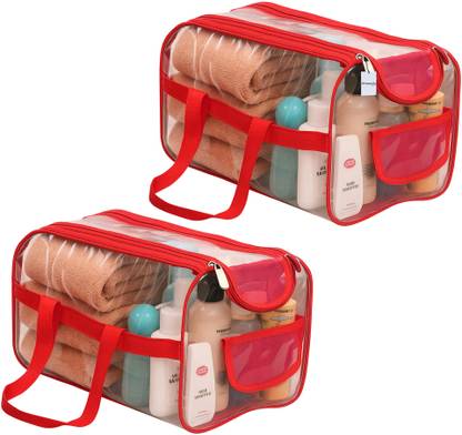 HOMESTIC 2 Pcs PVC Waterproof Transparent Small Travel Toiletry Bag | Red Travel Toiletry Kit