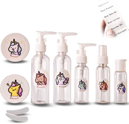 GRITSPARK Unicorn Travel Cosmetic Bottles Jar & Container Set | Refill Spray Pumps | 11PCS Travel Toiletry Kit
