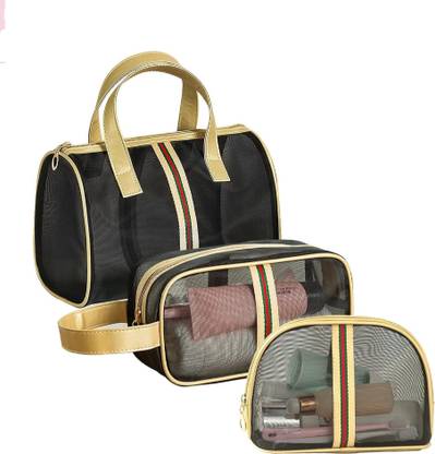 BLUE BEADS Set of 3 Transparent Mesh Makeup Bag Large Cosmetic Bag Travel Toiletry Bag Travel Toiletry Kit