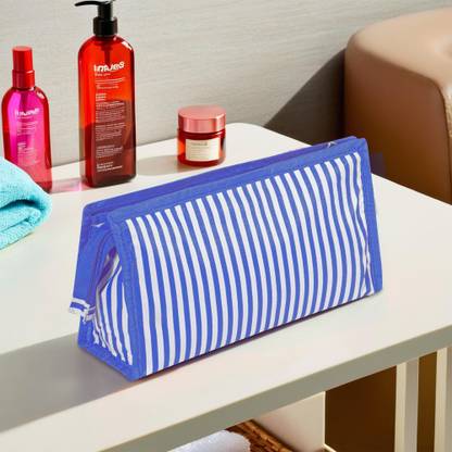 KUBER INDUSTRIES PVC Waterproof 3 Compartments Toiletry Kit Organizer | Lining Print - Blue Travel Toiletry Kit