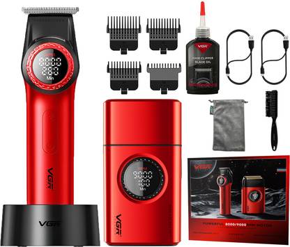 VGR V-977 & V-377 Professional Barber Combo Color Red Trimmer 240 min  Runtime 5 Length Settings