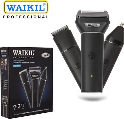 WAIKIL WL-9028 3in1 Rechargeable Shaver, Hair Clipper & Nose Trimmer for Men (Black) Fully Waterproof Trimmer 120 min  Runtime 4 Length Settings