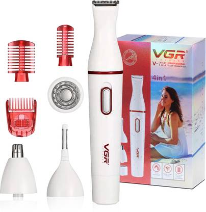 VGR V-725 Professional Lady Trimmer & Shaver Set 4 in 1 Face & Body | IPX5 Fully Waterproof Trimmer 180 min  Runtime 2 Length Settings