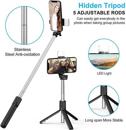 Worricow TOP QUALITY 3-in-1 Bluetooth Selfie Sticks Light Multifunctional Phone Holder Tripod, Tripod Ball Head, Tripod Kit
