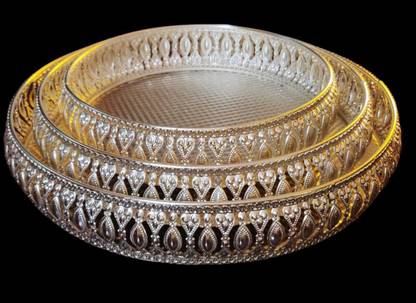 Khalihan Mart Round Etching Silver Iron Trays With Powder Coating, Carvings, High Gloss Trivet