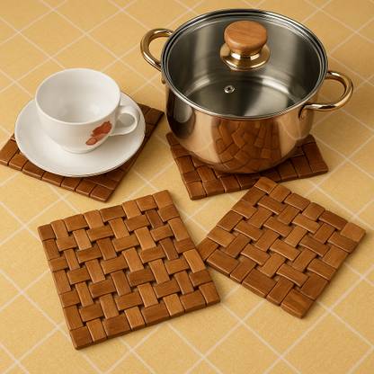 Velmora Pack of 4 Bamboo Coasters Handcrafted Finish – emphasizes the artisanal, non-machine-made texture. Trivet