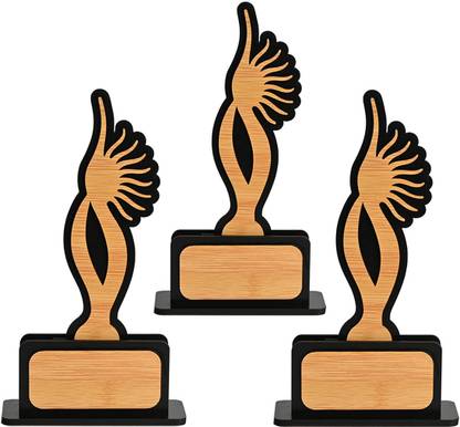 GIFT KYA DE Momento Pack Of 3 Awards & Trophy, Beautiful Black & Bamboo Design with Cutwork Trophy