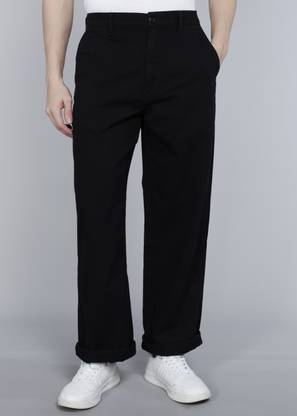Men Loose Fit Black Pure Cotton Trousers