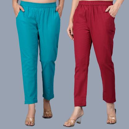 Quaclo Regular Fit Women Light Blue, Maroon Trousers