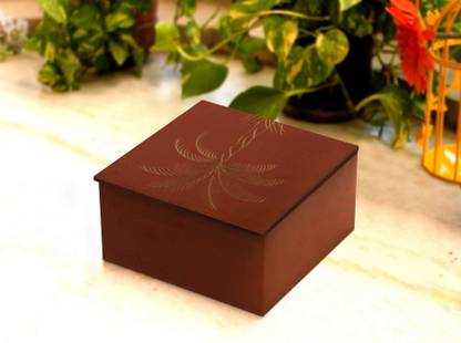 Furniza Hand Carved MDF Storage Box | Red Finish with Palm Tree Design Engineered Wood Box