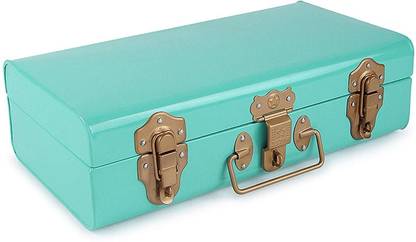 livingwithelan Vintage Metal Long Trunk, Decorative Box, Storage Chest, Gold Latches (Aqua) Metal Trunk
