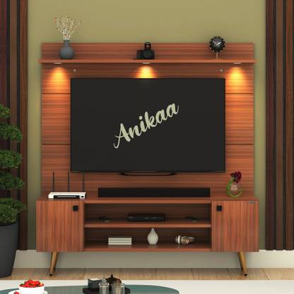 ANIKAA Zenith Wall-Mounted Modern 43" TV Unit with Metal Leg Storage & 3 LED Lights Engineered Wood TV Entertainment Unit