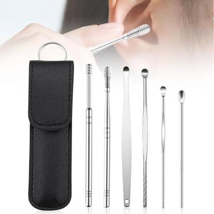 Viva Beauty Black 6 Pcs Ear Wax Cleaner-Resuable Ear Cleaner Tool Set with Leather Pouch