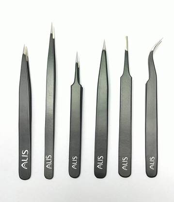 alis Set of 6 pcs ESD Tweezers – Combo Set of Point Tip Tweezers, Pointed Tip & Flat Tip Hair Plucker, Precision for Facial Hair, Electronics Repair