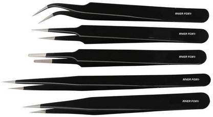 RIVER FOX THE PUJARA Safe Anti-Static Tweezers Black, Pack of 5 Straight & Curved Point