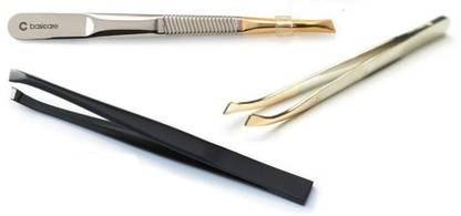 Basicare Tweezer and Sharpener Hair Removing Tweezer Plucker Set of 3 pcs