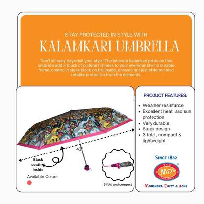 Mohendra Dutt & Sons 3 Fold Kalamkari Print umbrella with Black coating inside and 21.5" radius Umbrella