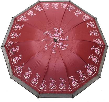 CHATTRI WALA Printed Anti-UV 3Folding Umbrella with Net border Maroon Colour Umbrella