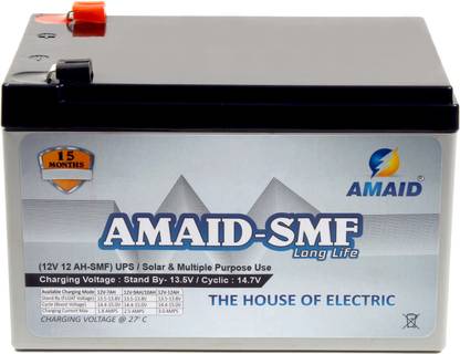 AMAID PLUS-12V 12AH at C27 SMF UPS-Emergency Battery for Use in UPS/Solar And Etc. 12 V Offline/Standby Tower Model UPS 2 Outlet Plugs