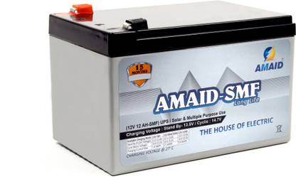 AMAID 12V 12AH at C27 SMF UPS-Emergency Battery for Use in UPS/Solar And All Multiple Use.15 Month Warranty (MADE IN INDIA). 12 V Offline/Standby Tower Model UPS 2 Outlet Plugs