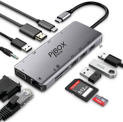 पीबॉक्स इंडिया USB C Hub Dock- 11 in 1 Dock, Aluminum Type C Adapter with 4K HDMI, VGA, Ethernet 100mbps RJ45, 4 USB 3.0, USB-C Power Delivery, 3.5mm Audio, TF/SD Card Reader for Mac/PC USB एडाप्टर
