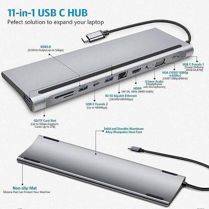 RuhZa 11 in 1 USB C Hub with PD & Dual Displays Capability, 1000M RJ45 Ethernet Card Reader, Audio/Mic Port for MacBook, Surface Book, Chromebook USB Hub