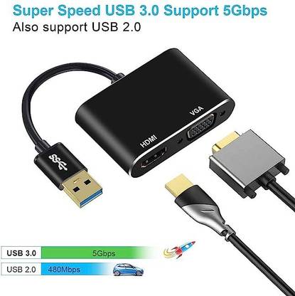 VOOCME VGA Cable 0.4 m USB 3.0 to HDMI VGA Adapter Converter 2 in 1 USB to HDMI VGA