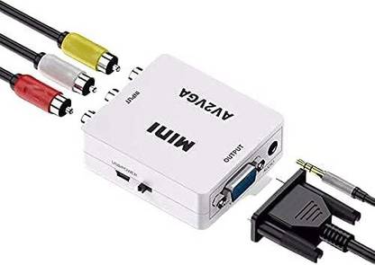 RuhZa Mini (AV to VGA) AV RCA to VGA Video with Audio AV2VGA UP Scaler 1080P HD Video Converter (White, for TV) Av2VGA RCA Box. USB Cable