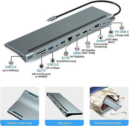 RuhZa USB C HUB,USB C to 12 in 1 HUB Dock MST, Aluminium Type C Station 2* HDMI Port, USB-C Power Delivery, TF/SD Slot and USB C Data Port for Laptops/MAC Laptop Accessory