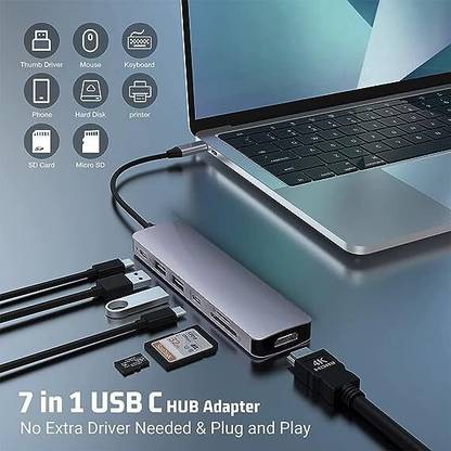 RuhZa 7 in 1 USB C Hub Multiport Adapter with HDMI 4K@60hz Output, Power Delivery Type C Charging 7 Port Hub with SD Card Reader, 3.0 USB C Hub for Mac MacBook Laptop Accessory