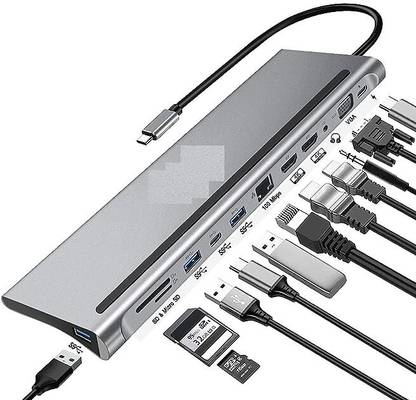 RuhZa USB C to 12 in 1 HUB Dock MST, Aluminium Type C Station 2 HDMI Port, 1 VGA, RJ45 USB-C Power Delivery, TF, SD Slot and USB C Data Port - for Laptops, MAC USB Hub
