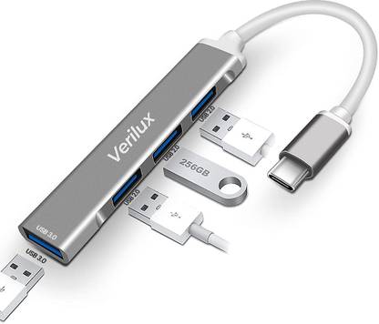 Verilux USB C Hub, USB Hub with 4 USB Ports, High Speed Aluminum Type C Hub Compatible MacBook, Windows, C-Type Smartphones (Space Grey) USB Hub