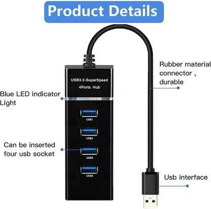RAREGEAR 4 Port USB Hub 3.0 Adapter Cable 5Gbps Speed Led Indication Laptop PC Computers Camera, Mobile, Tablet, PC, Laptop, TV Mouse, Keyboards, Etc USB Hub
