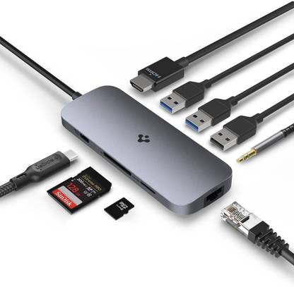Spigen USB C Hub, 9-in-1 100W PD 3.0 4K 30Hz HDMI 5Gbps USB-A and 2 USB-A Data Ethernet Port, Audio jack, microSD/SD Card Reader USB Hub