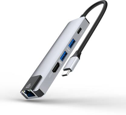 Ziox 5 in 1 USB Hub with HDMI 4K HD, Ethernet LAN, 2 USB Ports, 60W Type C PD Charger ZS001 HDMI Connector, Laptop Accessory, USB Hub, USB LAN Card