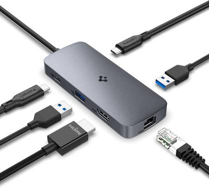 Spigen 6-in-1 USB C Adapter 8K 60Hz HDMI, Ethernet, 2 USB C 3.0 Data Ports, 2 USB A Data Ports USB Cable