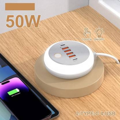 Vedara ® 50W 2 Type-C 4 USB for Multiple Devices. Multi USB Charger With Built-in Light 6  Socket Extension Boards