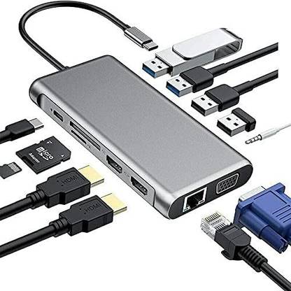 RuhZa USB Type C 12 in 1 Multiport Hub Adapter, Type-C to 2 HDMI 2 USB3.0 + 2 USB2.0 VGA + SD + TF + Audio + LAN Adapter (C to 12in1) USB Hub