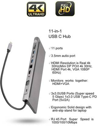 VOOCME USB C 4K HDMI Multiport Adapter Hub with RJ45 Ethernet Port VGA, 3 USB 3.0, SD/TF Card Reader, 3.5mm Audio, Type C 11in1 Hub VM-7548 USB Hub