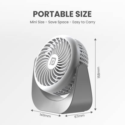 Portronics Toofan Portable USB Table Fan with Rechargeable battery, 360° Rotatable, 3 Speed Modes, Noiseless Design, 3D Curved Blade, Rechargeable Fan